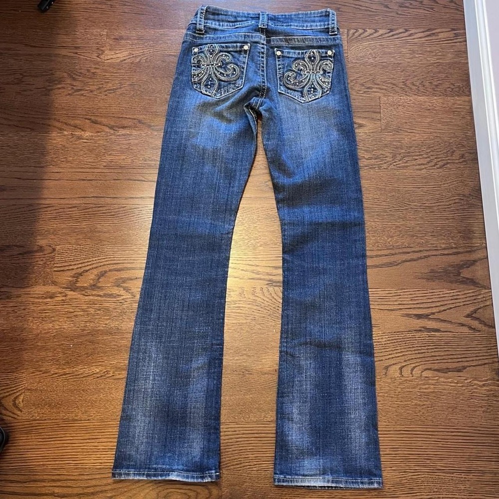 y2k zipper dark wash low rise bootcut flare embellished pocket jeans size 26 - Picture 7 of 8